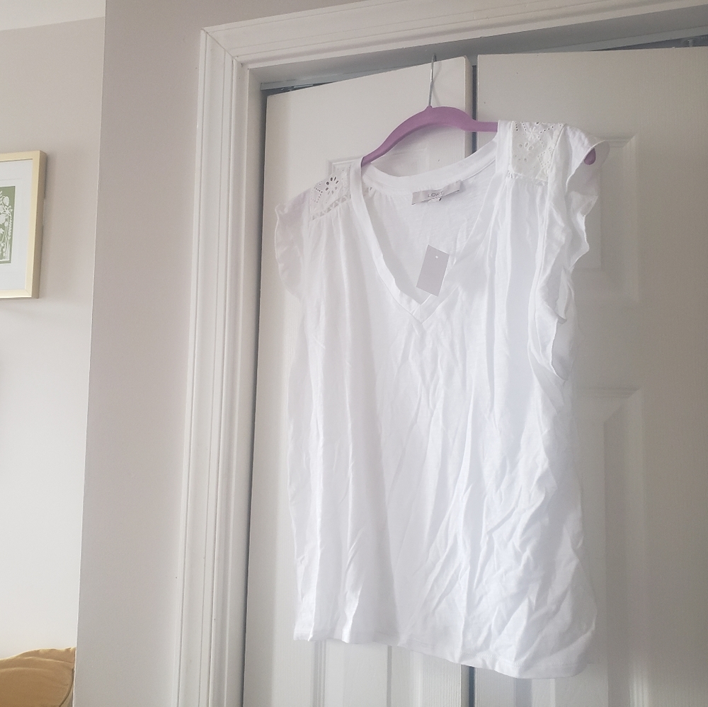 Loft White Tee Shirt with Lace Shoulder Detail (Small) (New with Tags)